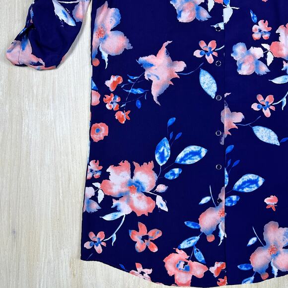 41 Hawthorn Blue Pink Floral Button Front Roll Tab Sleeve Casual Shirtdress LG - Picture 6 of 16